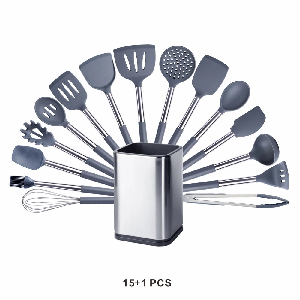 Silicone Kitchen Utensils Set with Stainless Steel Handles – Non-Stick Safe, Heat Resistant | Grey & Black | Available in 5 to 15-Piece Sets