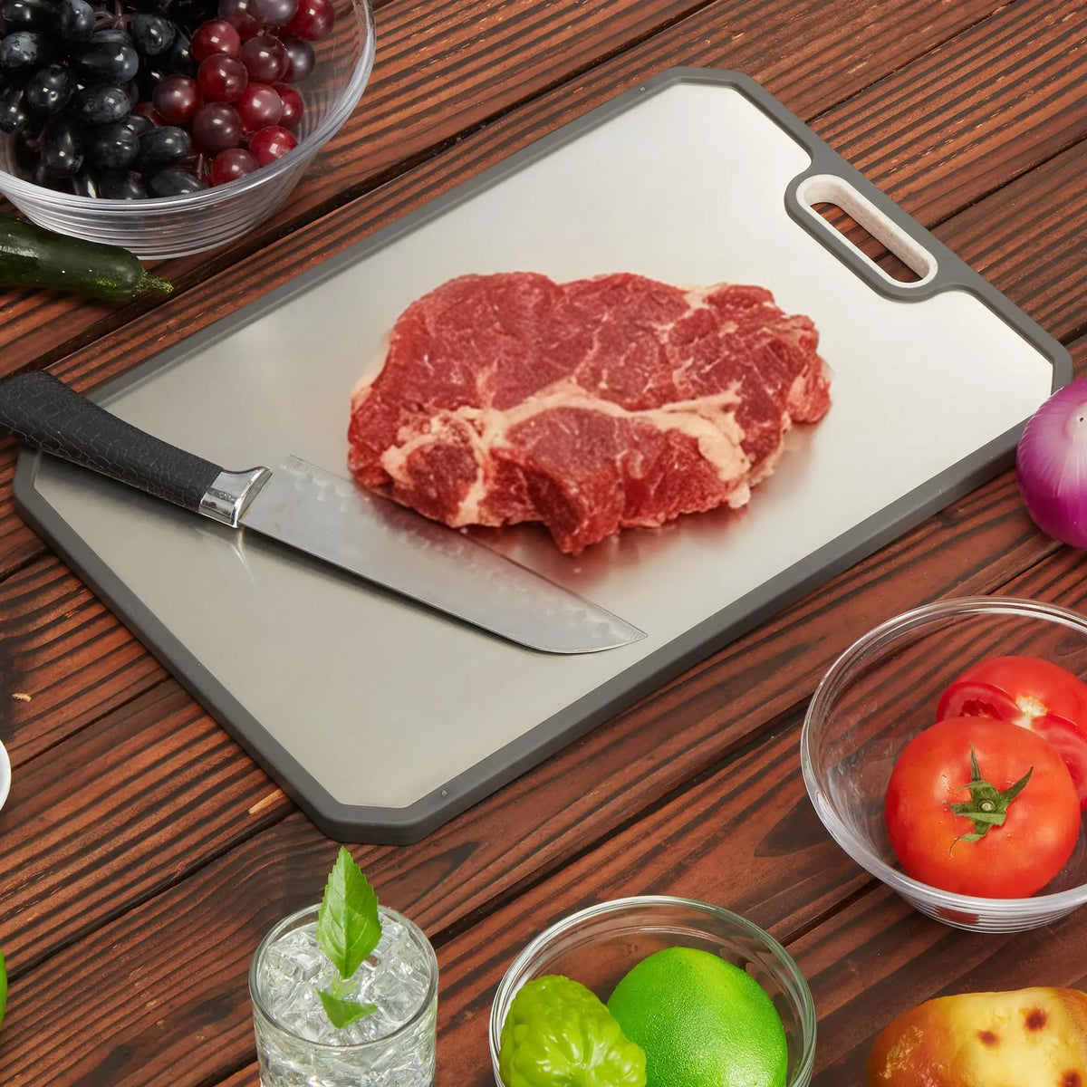 Titanium & Wheat Straw Chopping Board Set of 2 – Reversible Double-Sided Cutting Boards with Juice Grooves – Perfect for Raw Meat & Fruit (38 x 25cm)