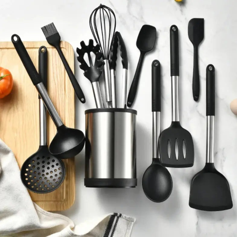 12-Piece Food-Grade Silicone & Stainless Steel Kitchen Utensils Set with 360° Rotating Storage Holder C for Chef