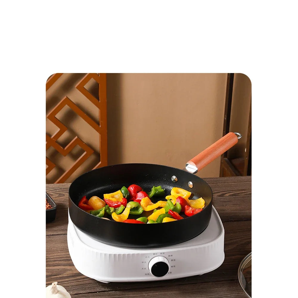 Non-Stick Flat-Bottom Frying Pan with Wooden Handle – Skillet for Gas & Induction Stoves, Perfect for Pancakes, Eggs, and Home Cooking, Available in 3 Sizes (24cm/26cm/28cm)