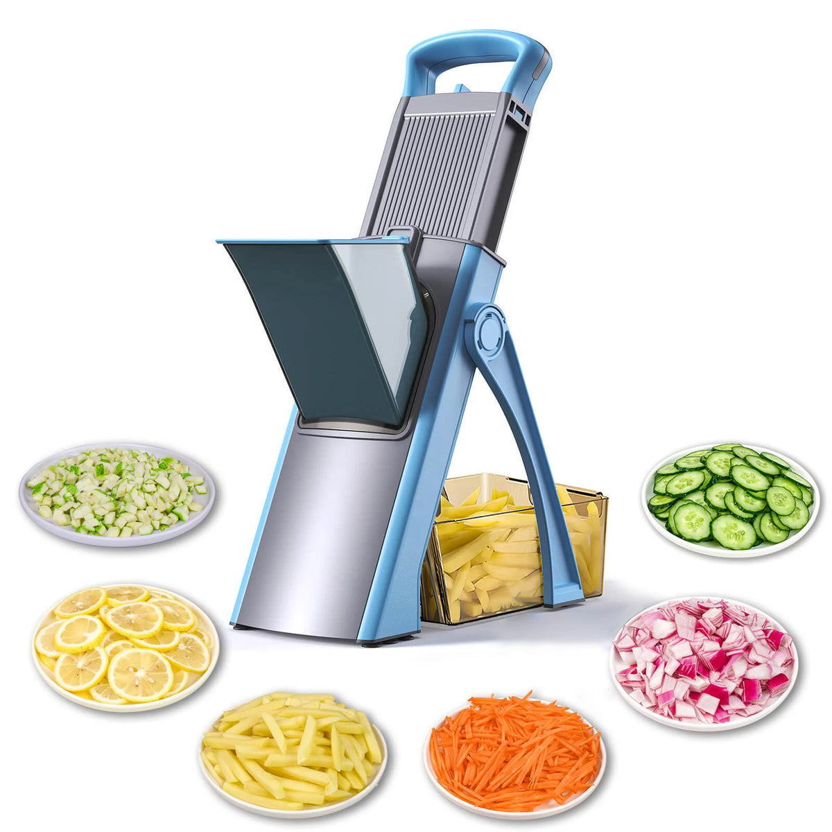 Spring-Loaded Vegetable Chopper & Slicer – Finger-Safe Adjustable Mandoline with Dice & Julienne Modes – Perfect for Potatoes, Lemons & Carrots