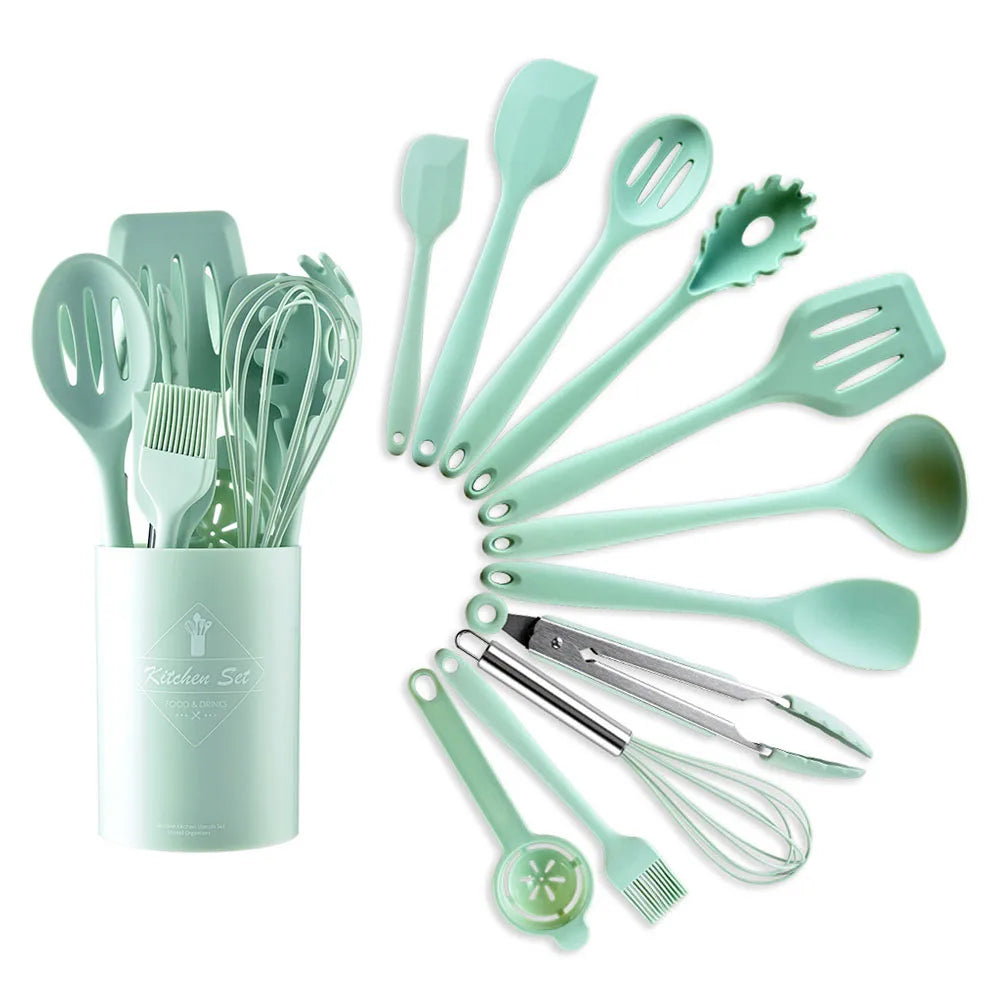 12-Piece Heat-Resistant Silicone  Kitchen Utensils Set with Storage Holder – Available in Black, Green & Pink
