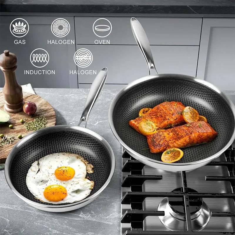 Honeycomb Stainless Steel Non-Stick Frying Pan with Lid – Durable Skillet for Searing, Sautéing, Stir-Frying, Frying Eggs, Omelettes, Steaks & Pan Cooking – Even-Heat Stainless Steel Construction