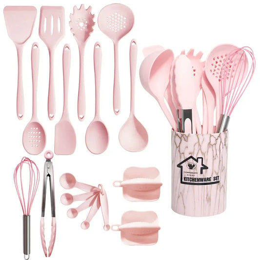 Blush Pink Silicone Kitchen Utensils Set –10/18-Piece Silicone Kitchen Utensils Set – Heat-Resistant Spatulas, Spoons, Turners, Brush, Whisk, and More Safe for Non-Stick Cookware & Daily Cooking