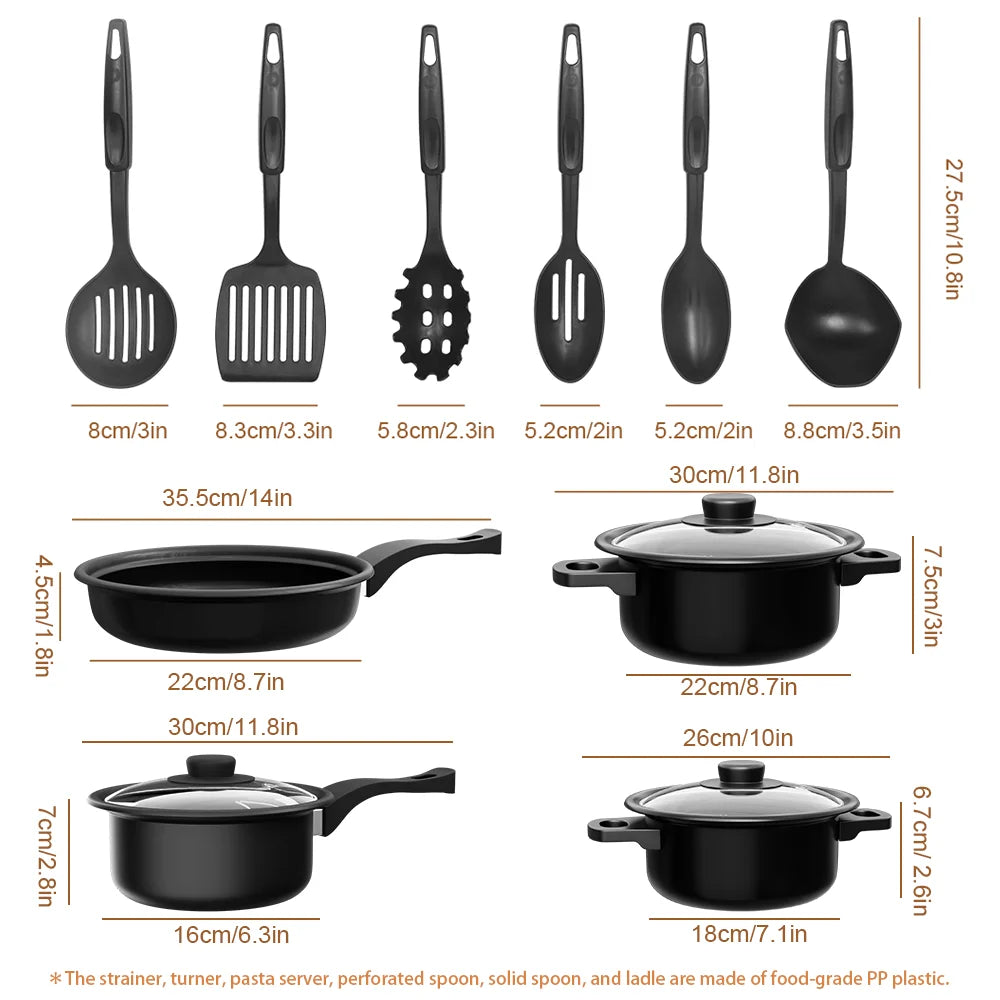 13 Piece Non-Stick Cookware Set with Glass Lids & Kitchen Utensils – Frying Pan, Casserole & Saucepans – Best for Complete Kitchen Starter Sets