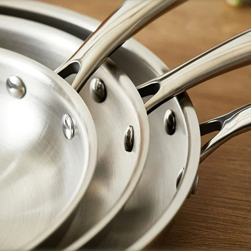 304 Stainless Steel Frying Pan with Long Handle – Uncoated Tri-Ply Skillet for Searing, Sautéing, Stir-Frying, Simmering & Pan-Frying Daily Meals – 3-Layer Pot Bottom – Induction, Gas & Electric Compatible