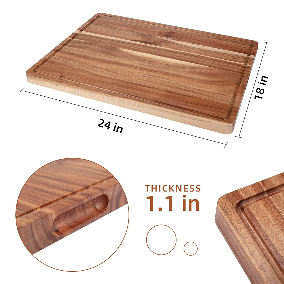 Acacia Wood Butcher Block Chopping Board – Extra Thick Reversible Board with Deep Juice Groove & Built-In Handles – Ideal for Meat & Veg Prep – Available in 50.8 x 38cm & 61 x 45.7cm 61 x 45.7cm United Kingdom