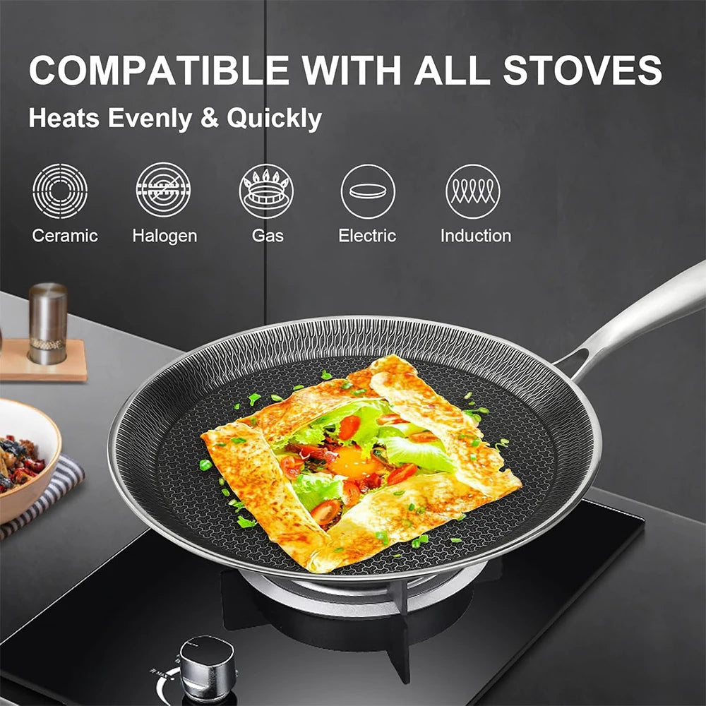304 Stainless Steel Honeycomb Nonstick Crepe Pan – Flat Skillet, Tawa & Dosa Pan – Ideal for Crepes, Pancakes, Tortillas & Omelettes – Available in 26cm & 28cm