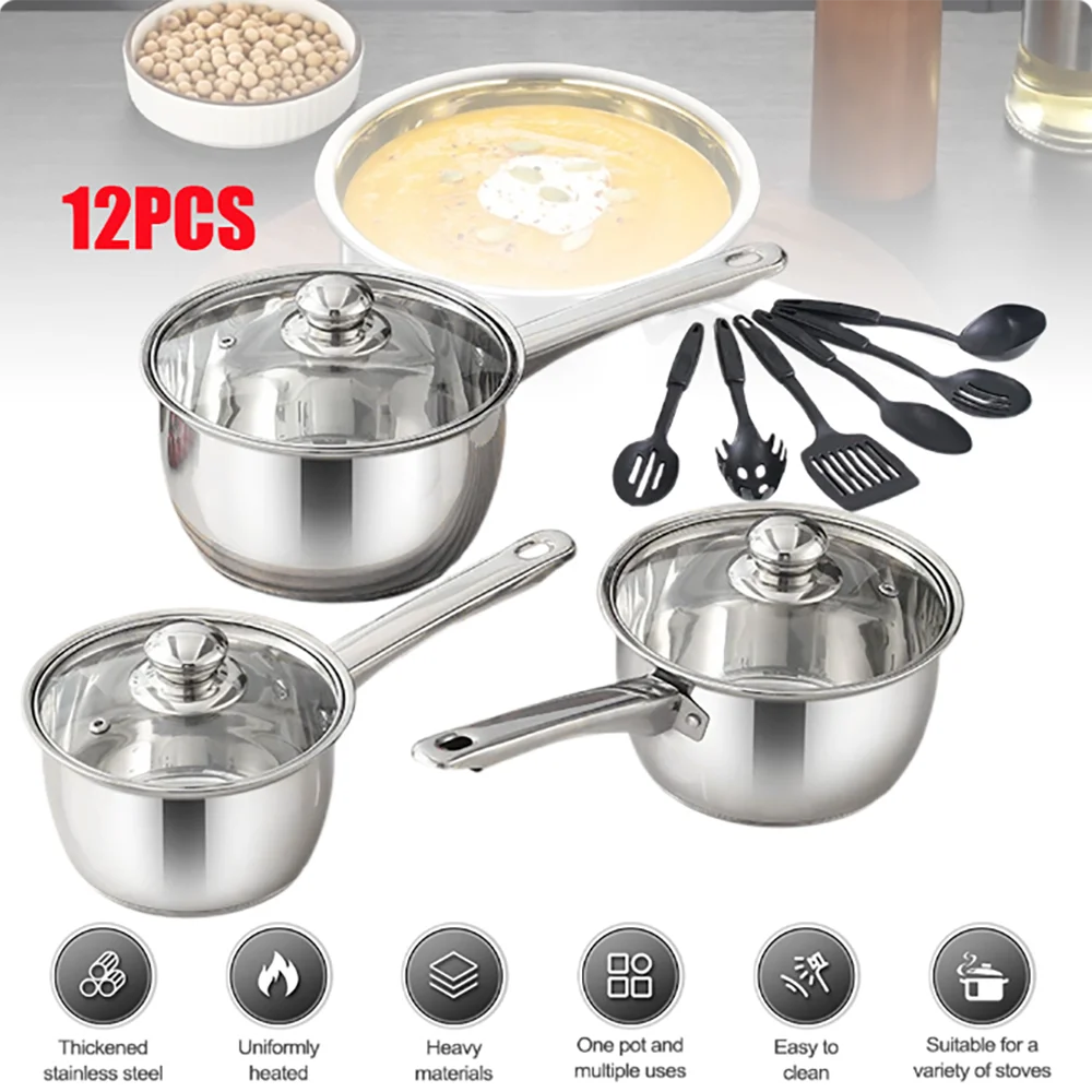 12 Piece Stainless Steel Cookware Set with Glass Lids & Kitchen Utensils – Double-Bottom Pots for All Hobs – Best for Home Cooking & Dinner Parties