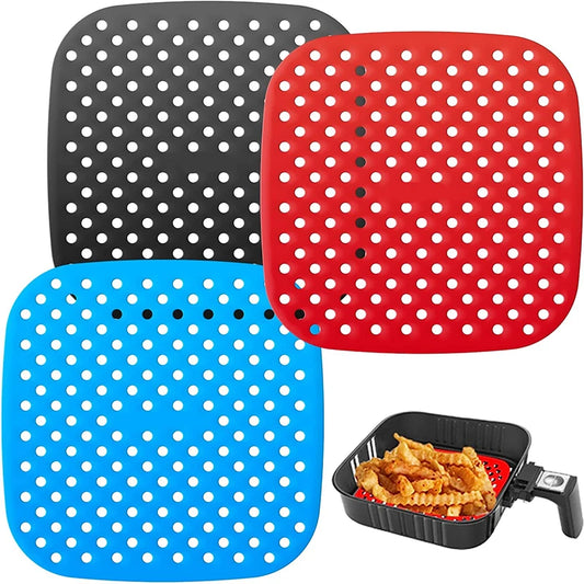 3 Piece Reusable Silicone Air Fryer Liners – 8.5 Inch Square Non-Stick Air Fryer Mats – Perfect for Air Frying & Steaming