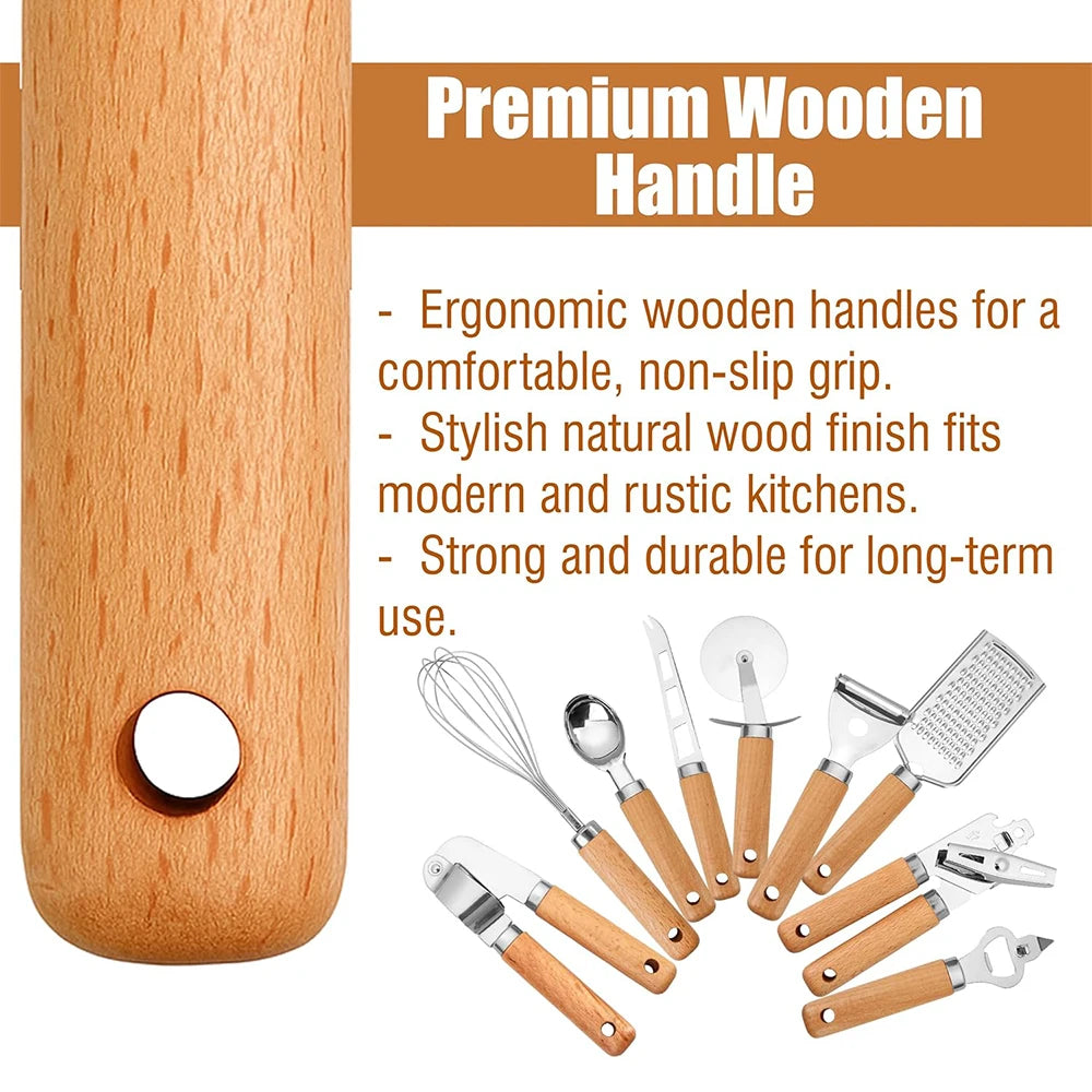 Stainless Steel Kitchen Gadget Set with Wooden Handle