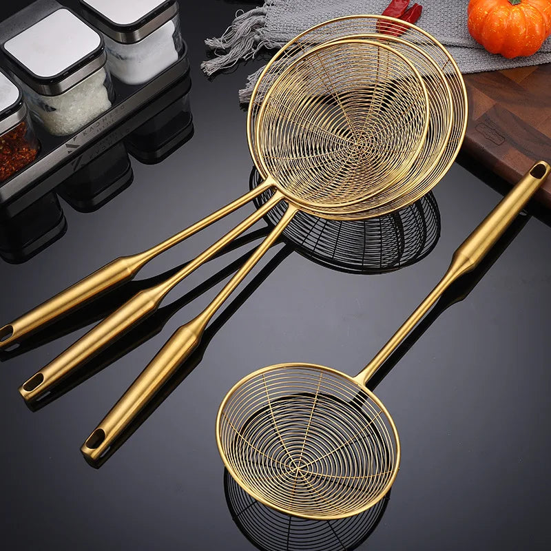 Golden Stainless Steel Skimmer Strainer – Frying Scoop & Oil Filter with Long Handle (Available in Multiple Sizes)
