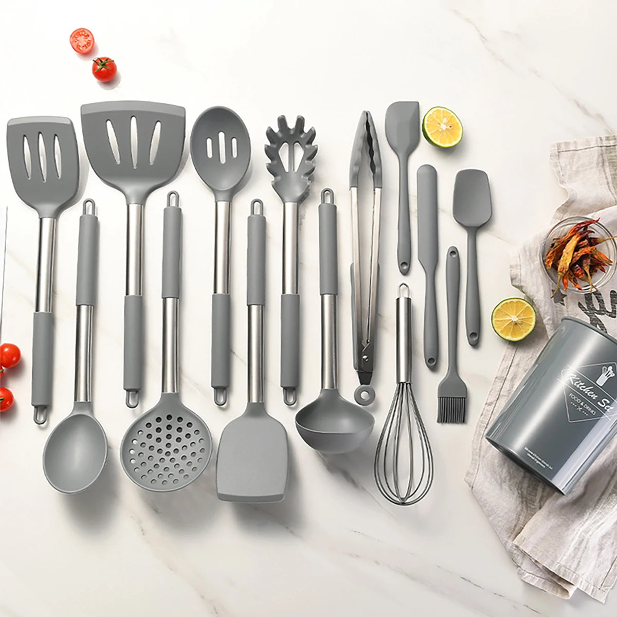 15-Piece Silicone Kitchen Utensils Set – Heat-Resistant Spatulas, Spoons, Turners, Brush, and Whisk, Perfect for Non-Stick Cookware,Available in Black, Grey & Khaki