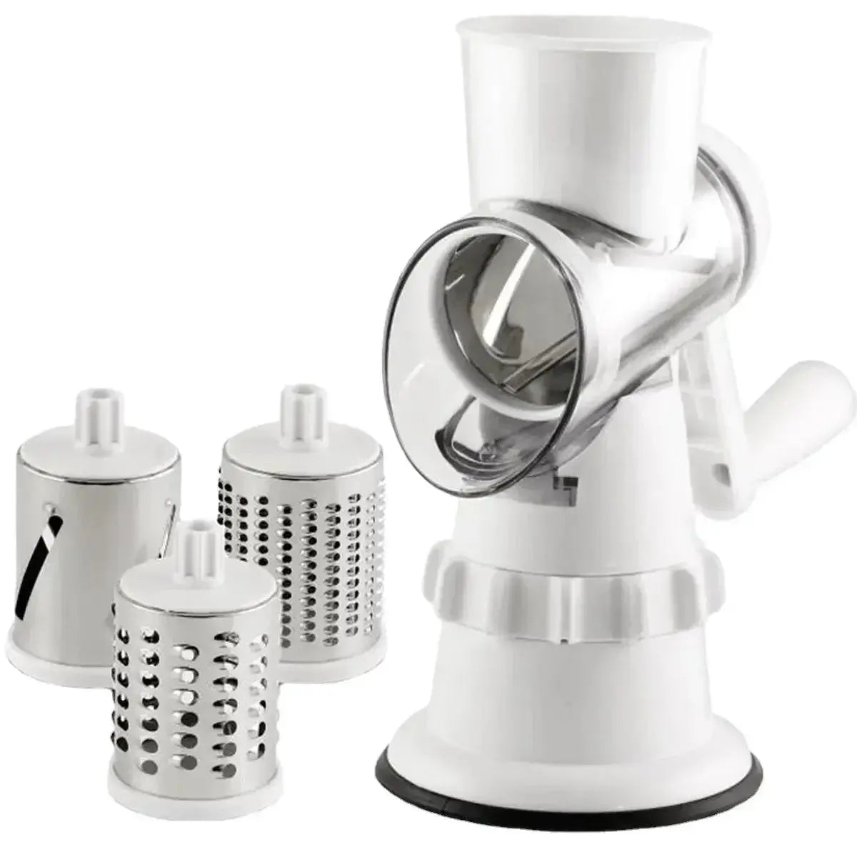 3 in 1 Rotary Cheese Grater – Multifunctional Slicer and Shredder for Effortless Kitchen Prep with Easy-to-Swap Stainless Steel Interchangeable Rotating Drum Blades (White) white