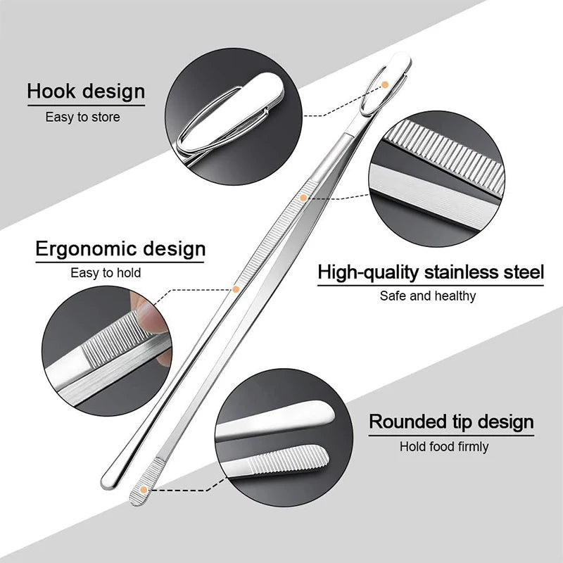 2 Piece Stainless Steel Kitchen Tweezers – Heavy Duty Chef Cooking Tongs – Ideal for Plating, Grilling & Precise Cooking – Available in 10 Inch & 12 Inch