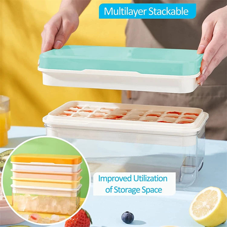 Stackable Silicone Ice Cube Tray Set with Storage Bin – 2 Trays & 64 Nugget Ice Moulds – Best for Chilling Drinks & Freezing – Available in Pink, Blue, Green & Orange Colours