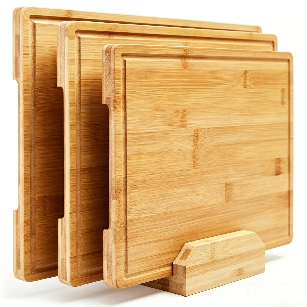 3 Piece Bamboo Chopping Board Set with Storage Stand – Wooden Boards with Handles & Juice Grooves – Best for Meat, Veg & Fruit United Kingdom 3 Pcs