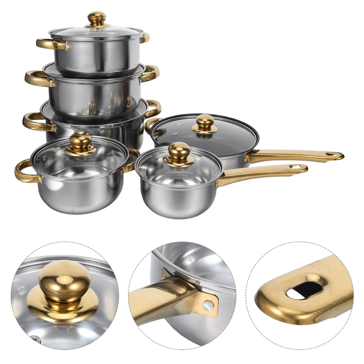 Golden Handle Stainless Steel Cookware Set with Clear Lids – 6 Piece Stackable Stock Pot, Casserole & Frying Pans – Best for All Hobs & Small Kitchens