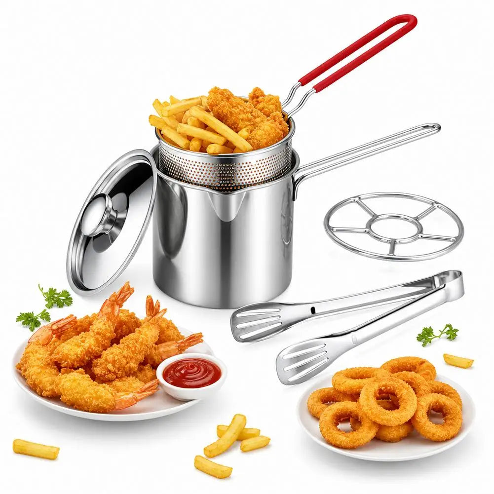 Small Stainless Steel Deep Fryer Pot with Basket, Tongs & Lid – 304 Oil-Saving Chip Pan with Pour Spout – Perfect for Chips, Tempura & Chicken – Available in 4 & 5 Piece Sets