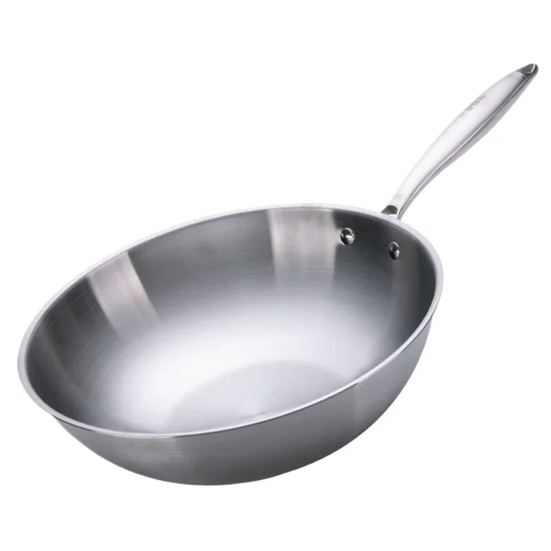 Stainless Steel Wok with Extended Handle – Tri-Ply Stainless Steel Construction – Ideal for Stir-Frying, Deep-Frying, Poaching, Searing, Sautéing, Tossing Noodles, Frying Eggs, Omelettes & One-Pan Dishes