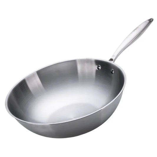 Stainless Steel Wok with Extended Handle – Tri-Ply Stainless Steel Construction – Ideal for Stir-Frying, Deep-Frying, Poaching, Searing, Sautéing, Tossing Noodles, Frying Eggs, Omelettes & One-Pan Dishes