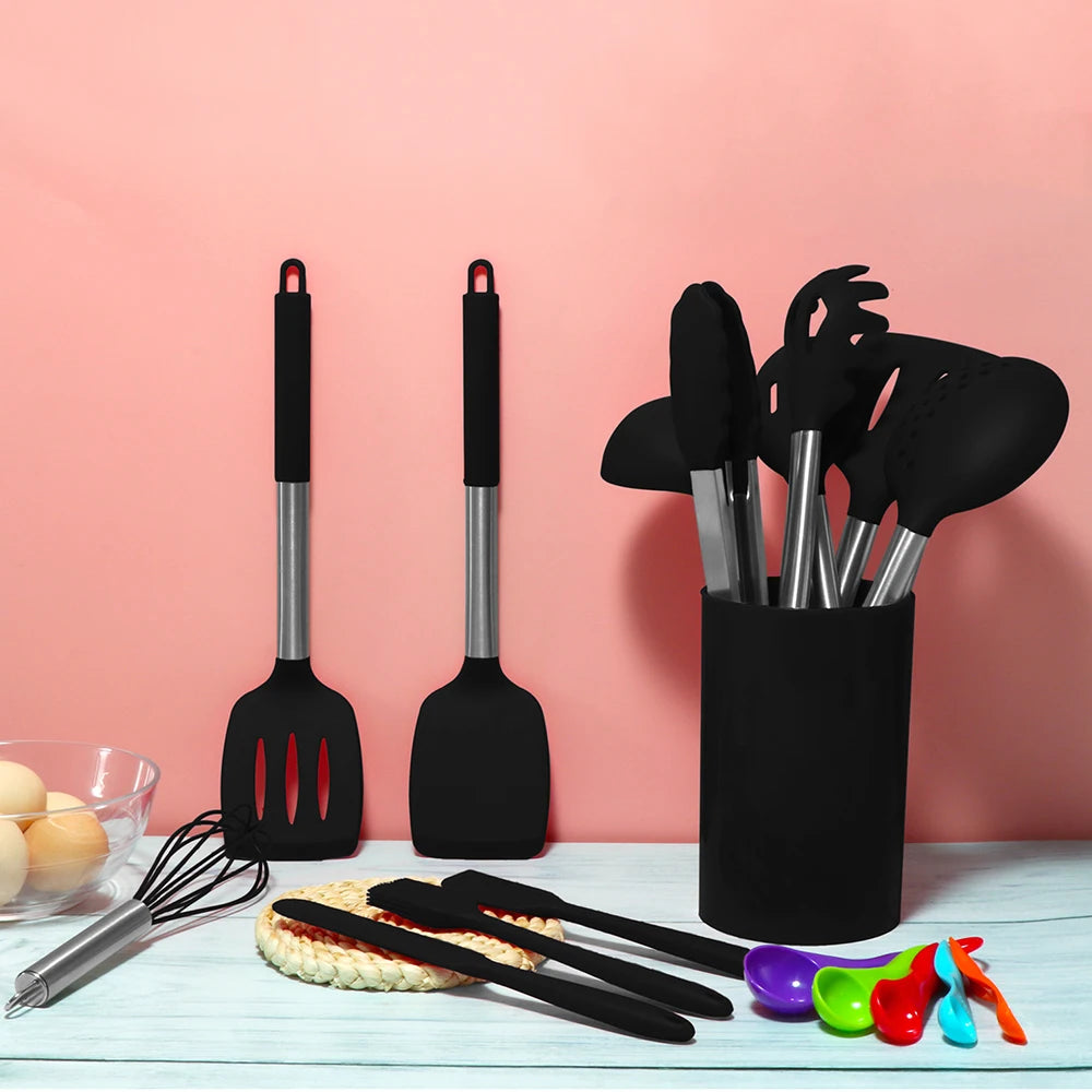 Silicone Kitchen Utensils Set with Stainless Steel Handles – Non-Stick, Heat-Resistant Cooking  Kitchen Utensils for Everyday Cooking & Baking, Available in 4 Colours & Multiple Set Sizes