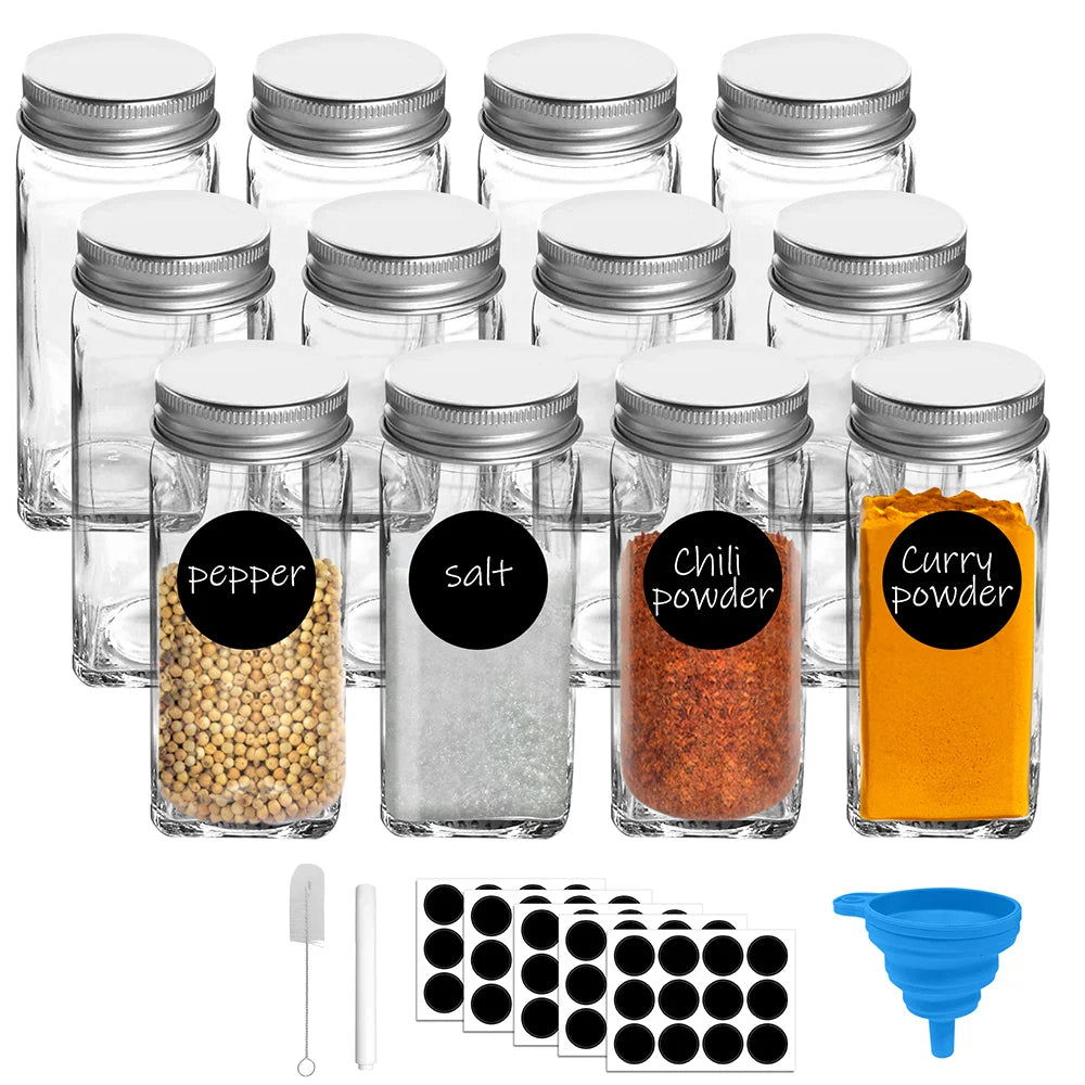 12 Piece Glass Spice Jars with Sealed Lids – 120ml Airtight Seasoning Bottles with Labels, Pour Spout & Brush – Ideal for Spice Drawers & Racks – Available in 12 Piece Set & 12 Piece Set
