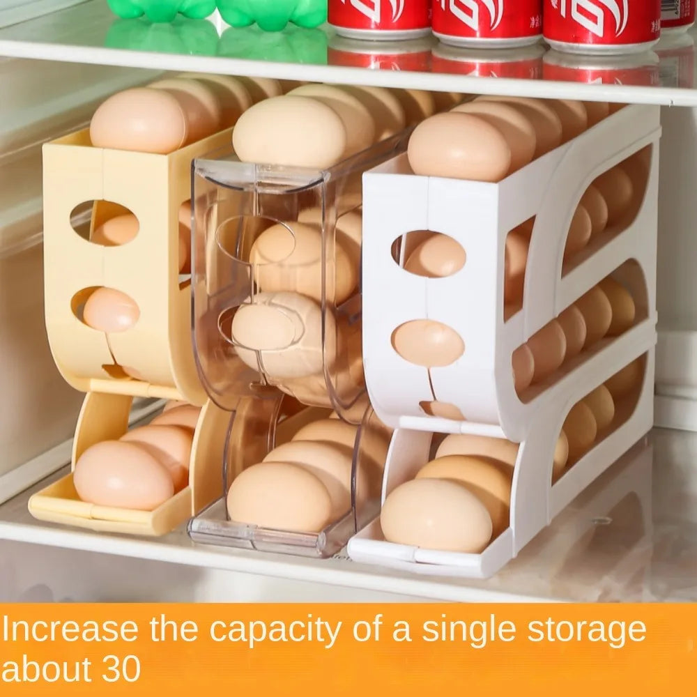 Automatic Rolling Egg Holder for the Fridge – 3 or 4 Tier Egg Storage Rack for 20 to 30 Eggs – Best for Saving Fridge & Worktop Space