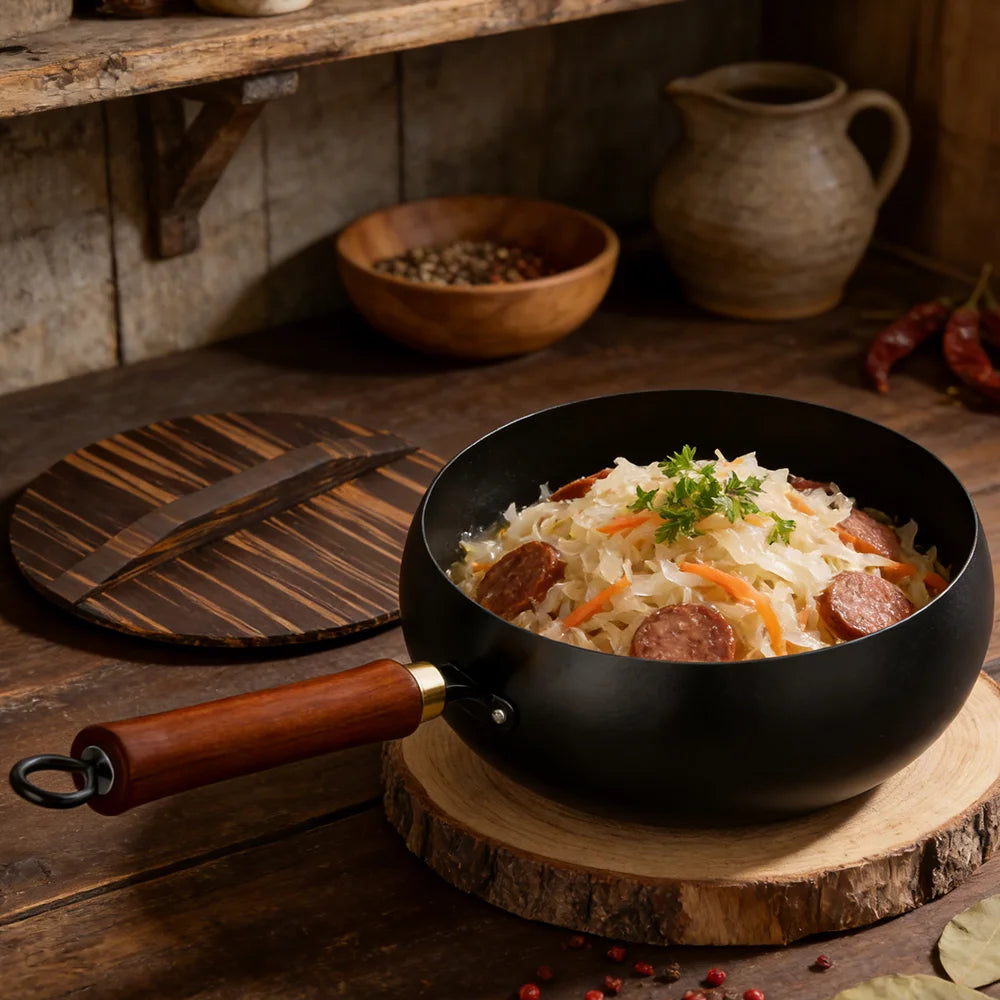 Carbon Steel Wok with Wooden Lid & Beech Wood Handle – Deep Stir-Fry Pan & Soup Pot – Perfect for Stir-Frying, Soups & Everyday Cooking (28cm)