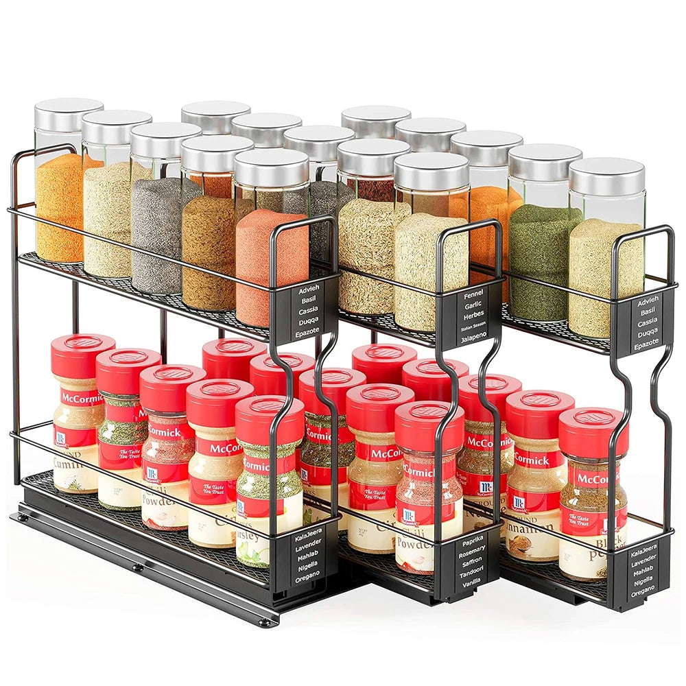 Pull Out Spice Rack Organiser for Cabinets – Slide Out Metal Seasoning Organiser – Perfect for Deep Kitchen Cupboards