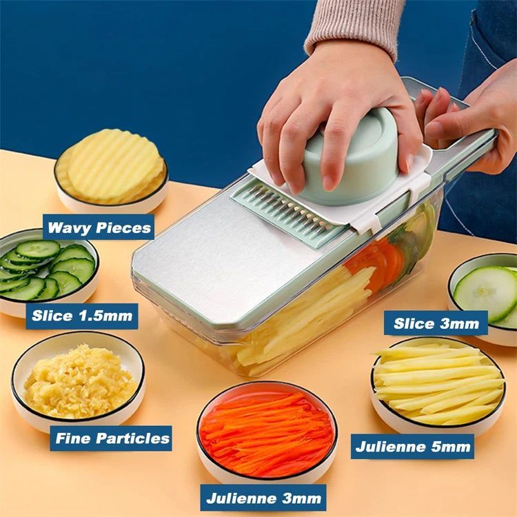 6 in 1 Mandoline Vegetable Slicer with 6 Interchangeable Stainless Steel Blades – Julienne Shredder & Veggie Slicer – Perfect for Salads & Meal Prep – Available in Light Green & Light Grey Colours