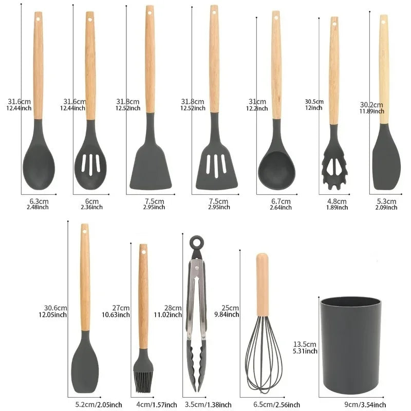 12-Piece Food-Grade Pink Silicone Kitchen Utensils Set with Wooden Handles & Matching Storage Holder – Heat-Resistant, Non-Stick Cooking Utensils for Daily Cooking & Baking – Includes Turner, Spatula, Spoons & More