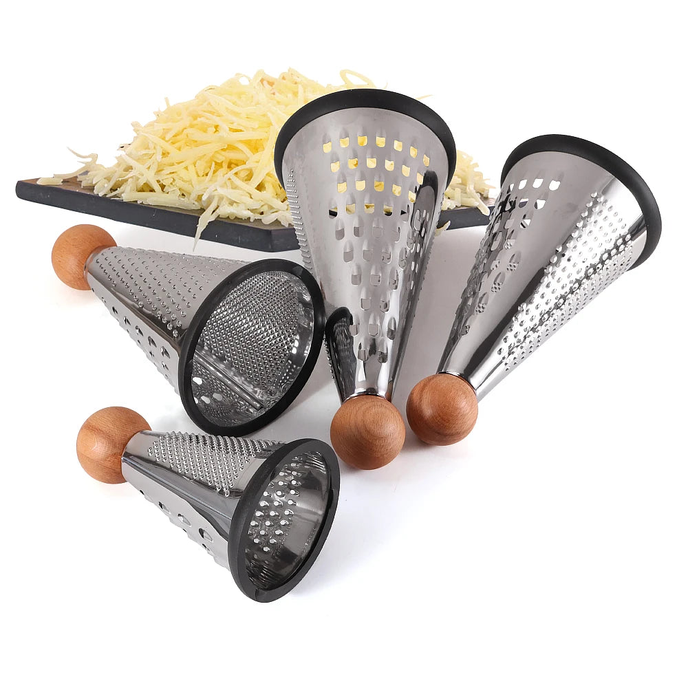 Modern Cone-Shaped Stainless Steel Grater & Zester with Wooden Handle – Conical Design with Non-Slip Rubber Base for Stability & Control – Available in 6-inch, 8-inch, 9-inch & 10-inch Sizes