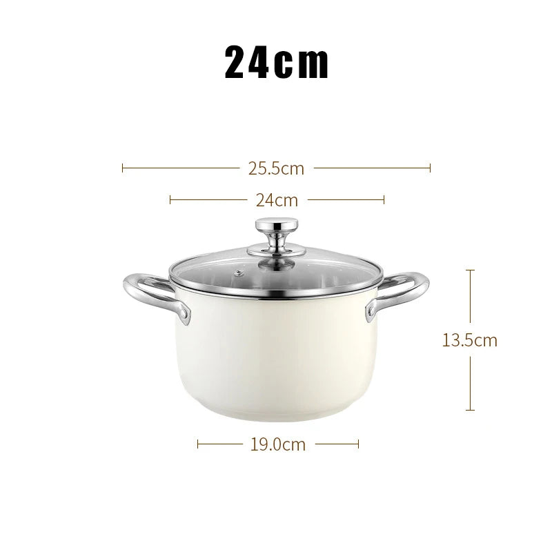 304 Stainless Steel Non-Stick Soup/Stock Pot with Glass Lid – Ideal for Heating Milk, Soups, Stews, Curries, Simmering, Sautéing & One-Pot Meals – Induction, Gas & Electric Compatible – Available in 18cm, 20cm, 22cm & 24cm (Milky White)