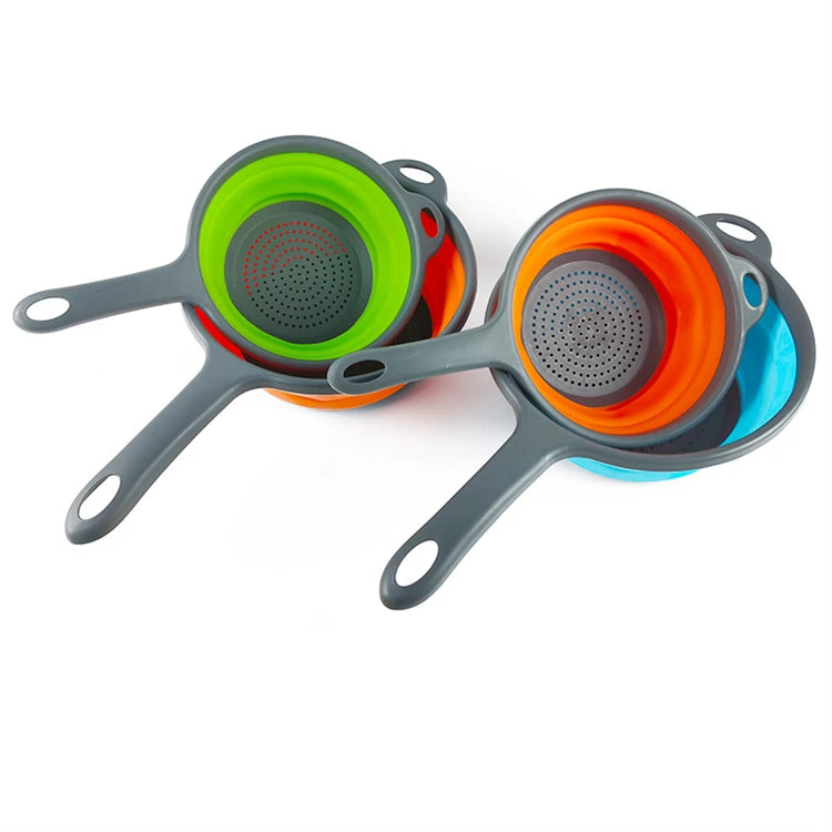 Collapsible Silicone Colander with Handle – Folding Strainer for Pasta, Vegetables & Fruit – Ideal for Small Kitchens, Caravans & Camping – Available in Green, Orange, Blue & Red Colours