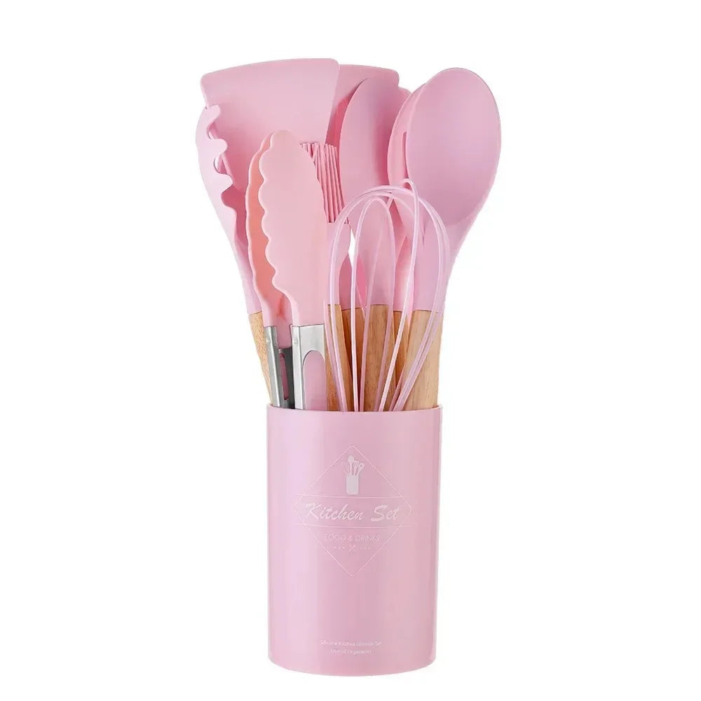 12-Piece Food-Grade Pink Silicone Kitchen Utensils Set with Wooden Handles & Matching Storage Holder – Heat-Resistant, Non-Stick Cooking Utensils for Daily Cooking & Baking – Includes Turner, Spatula, Spoons & More