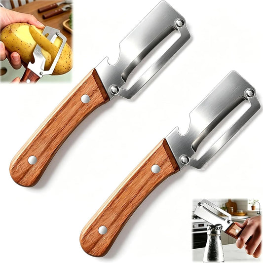 2 in 1 Stainless Steel Vegetable Peeler with Bottle Opener – Wooden Handle Potato, Carrot & Pumpkin Peeler – Great for Everyday Veg Prep