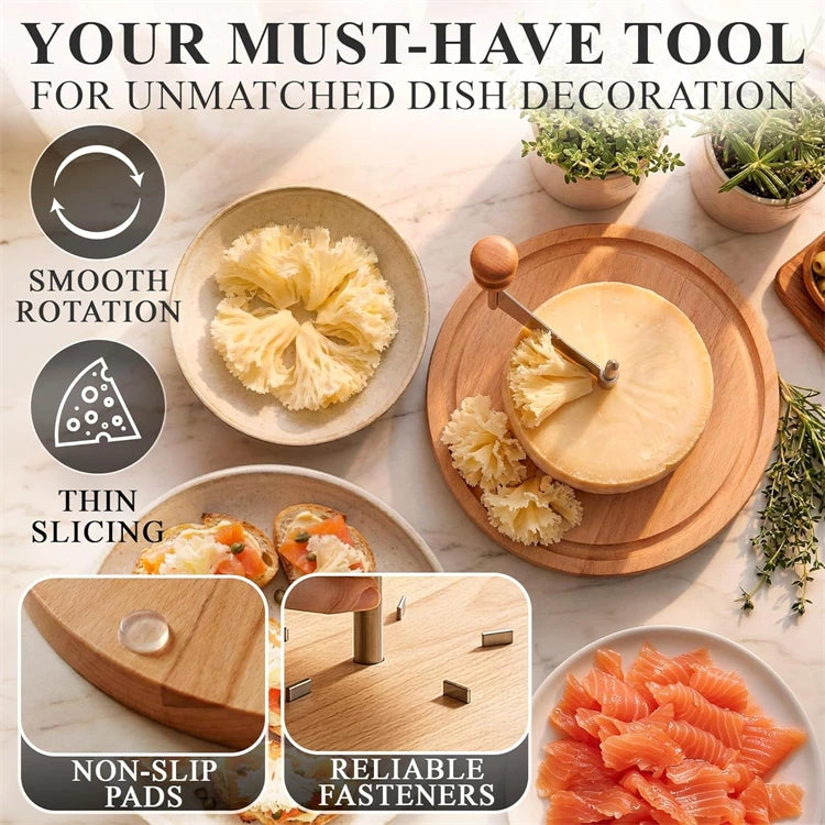 Stainless Steel Cheese Curler Wheel with Wooden Base – Rotary Cheese Shaver & Flower Slicer – Great for Cheese, Chocolate & Butter Curls