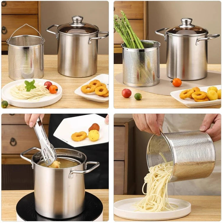 3L Stainless Steel Deep Fryer Pot with Lid & Mesh Basket – Japanese Tempura Frying Pot – Ideal for Chips, Chicken & Tempura – Available With or Without Tongs