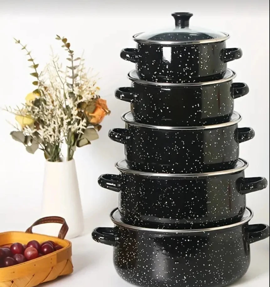 5 Piece Enamel Pot Set – Soup Pot, Cooking Pot, Stew Pot & Frying Pan – Perfect for Home Kitchens, Restaurants & Outdoor Cooking