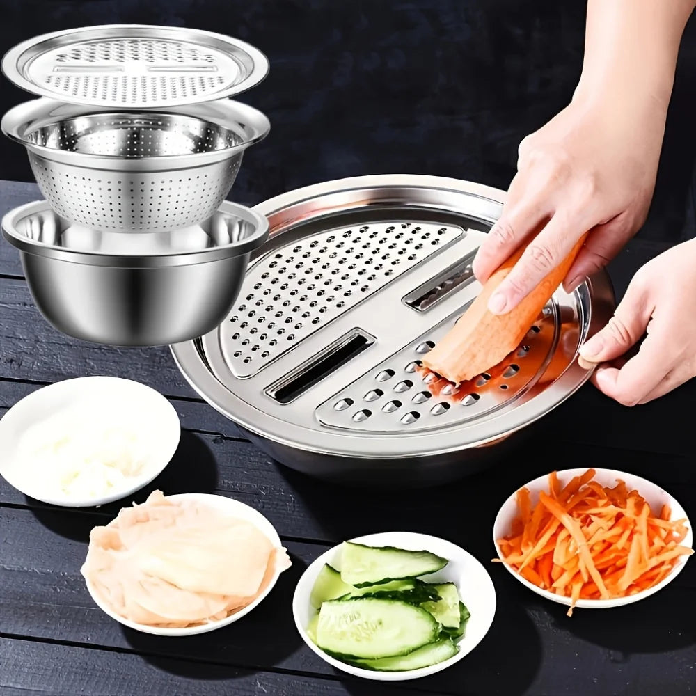 3 Piece Stainless Steel Grater & Mandoline Set with Draining Bowl – Multi-Function Slicer & Vegetable Washing Basket – Great for Potatoes, Carrots & Salads