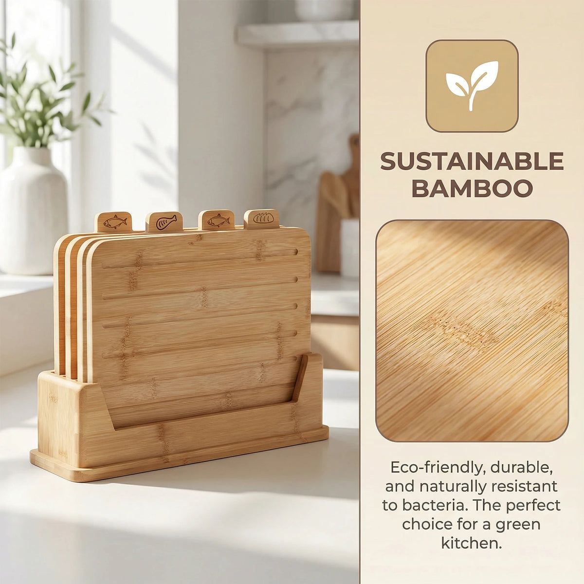 Bamboo Chopping Boards with Food Symbols – Set of 4 with Storage Rack & Juice Grooves – Great for Meat, Veg, Fruit & Fish