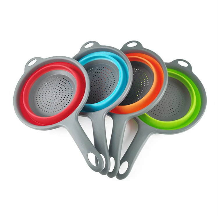 Collapsible Silicone Colander with Handle – Folding Strainer for Pasta, Vegetables & Fruit – Ideal for Small Kitchens, Caravans & Camping – Available in Green, Orange, Blue & Red Colours