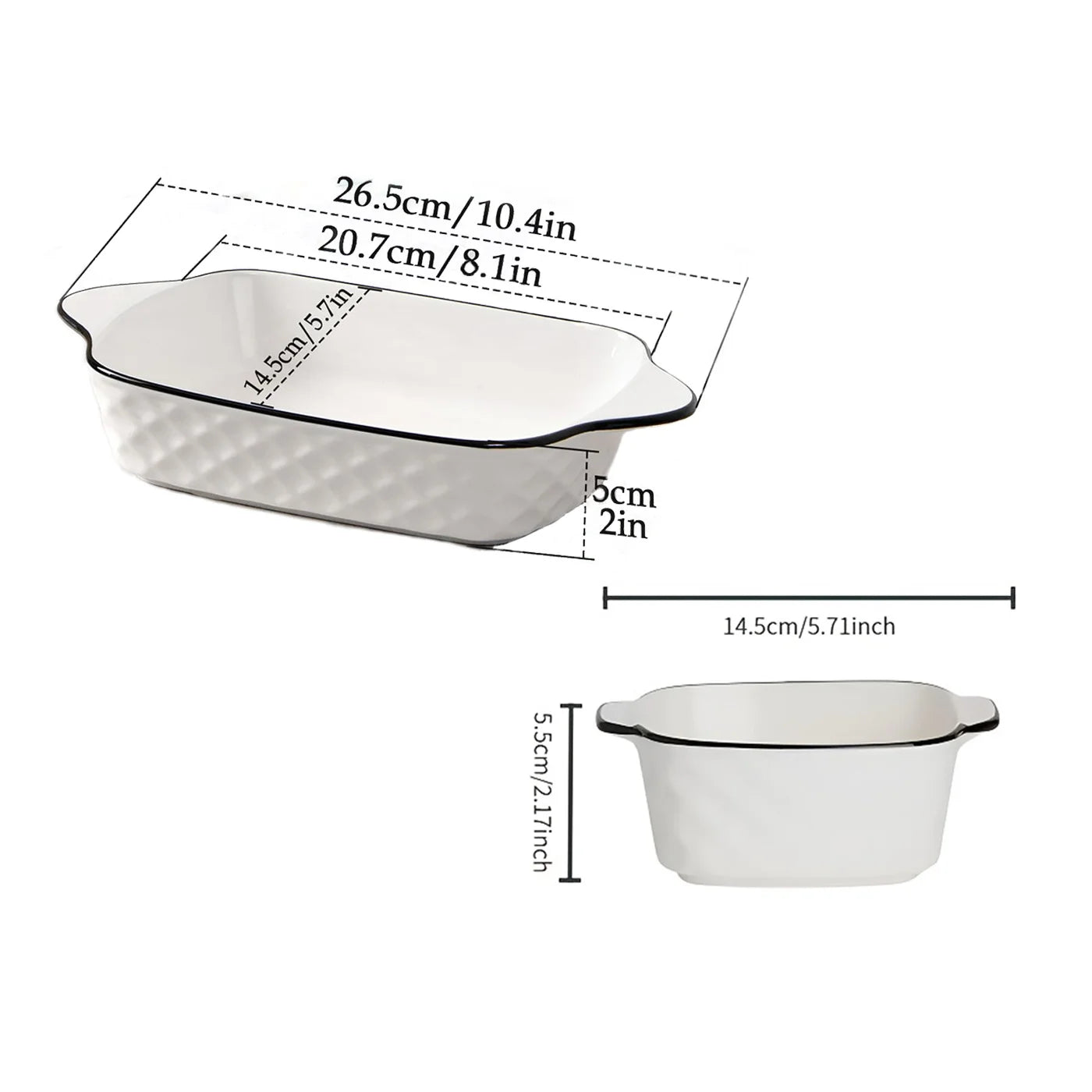 White Ceramic Baking Dish Set with Black Rim & Handles – Diamond Embossed Porcelain, Oven Safe, Great for Au Gratin, Casseroles, and Everyday Baking