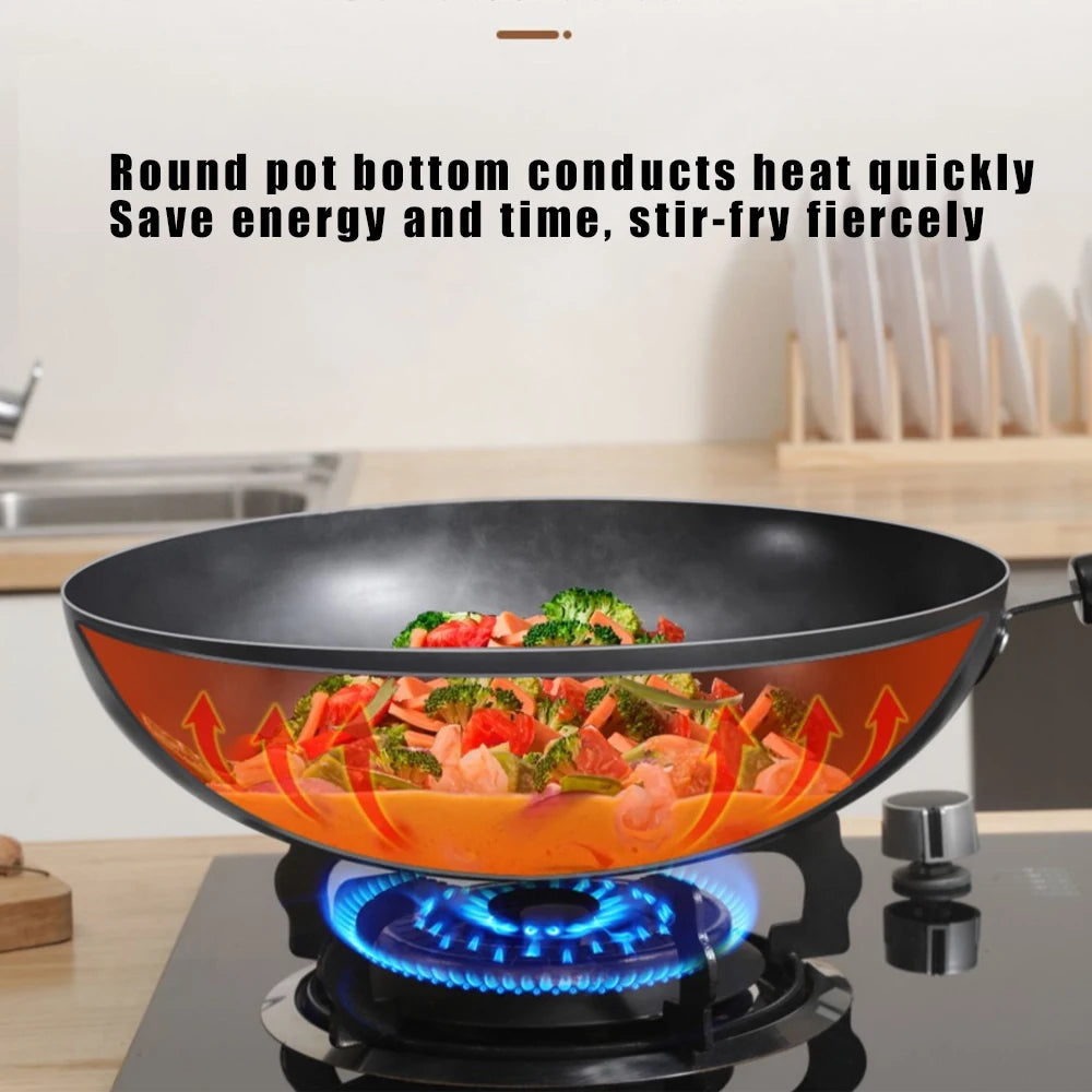 Iron Wok with Wooden Handle – Traditional Hand-Forged Deep Round Bottom Stir-Fry Wok – Great for Stir-Frying & Deep Frying on Gas Hobs – Available in 30cm & 32cm