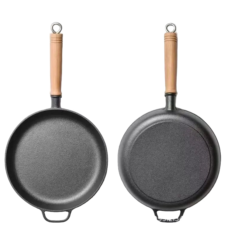 Old-Fashioned Pre-Seasoned Cast Iron Pan with Wooden Handle – Flat-Bottomed Design for Superior Heat Retention & Even Distribution – Uncoated Non-Stick Surface Ideal for Searing, Sautéing, Pan-Frying & Stir-Frying