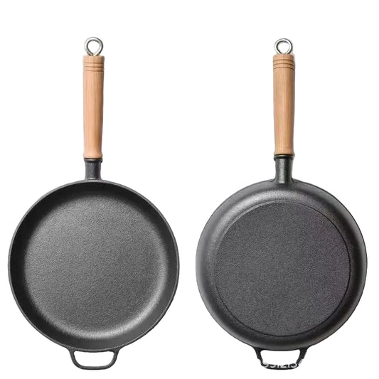 Old-Fashioned Pre-Seasoned Cast Iron Pan with Wooden Handle – Flat-Bottomed Design for Superior Heat Retention & Even Distribution – Uncoated Non-Stick Surface Ideal for Searing, Sautéing, Pan-Frying & Stir-Frying