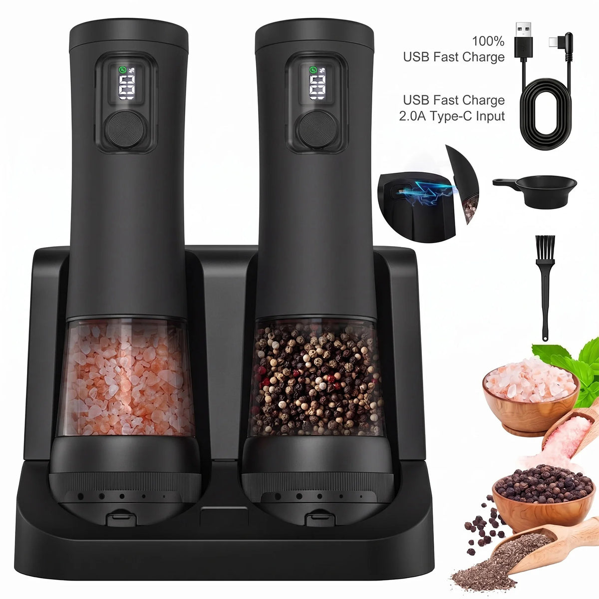 Electric Salt & Pepper Grinder Set with Charging Base – Rechargeable USB-C Mills with LED Light & Adjustable Coarseness – Ideal for Kitchen, BBQ & Table