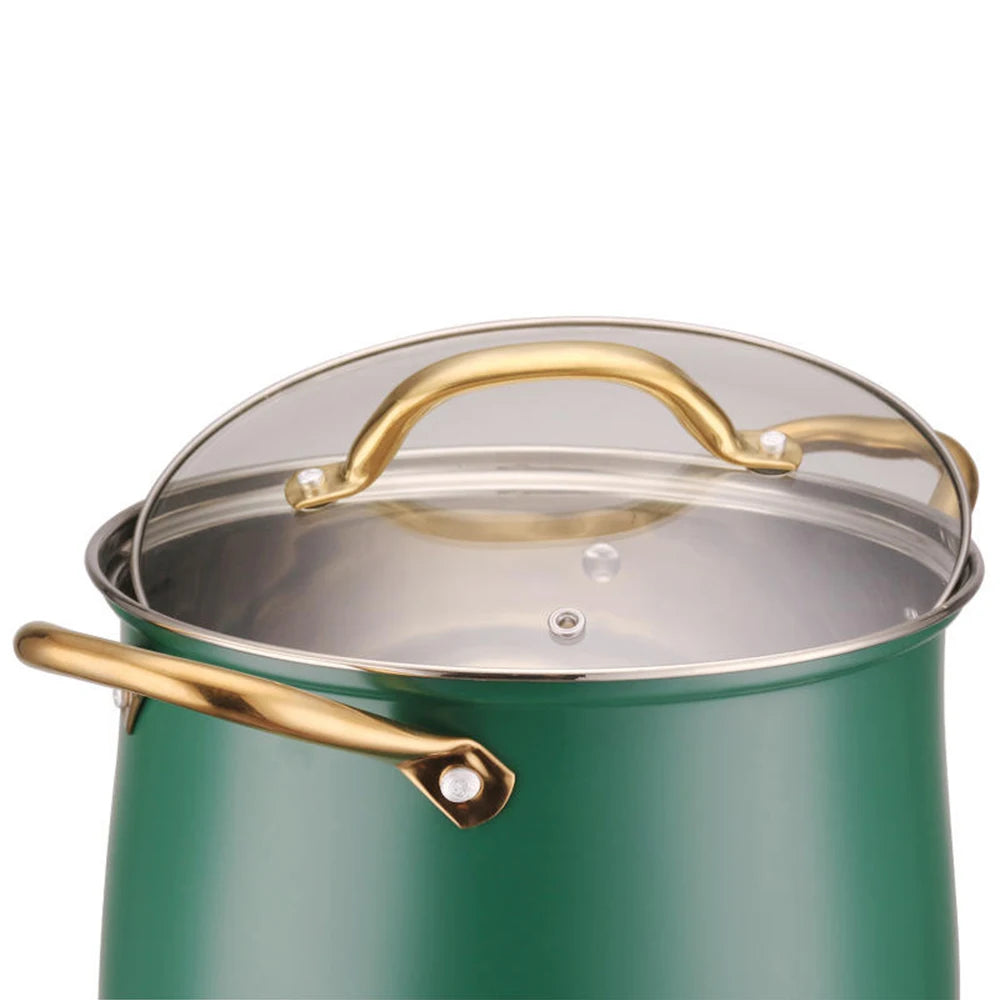 Stainless Steel Stock Pot with Glass Lid & Gold Handles – Thickened Base, Induction Compatible, Great for Soups, Stews, and Everyday Cooking