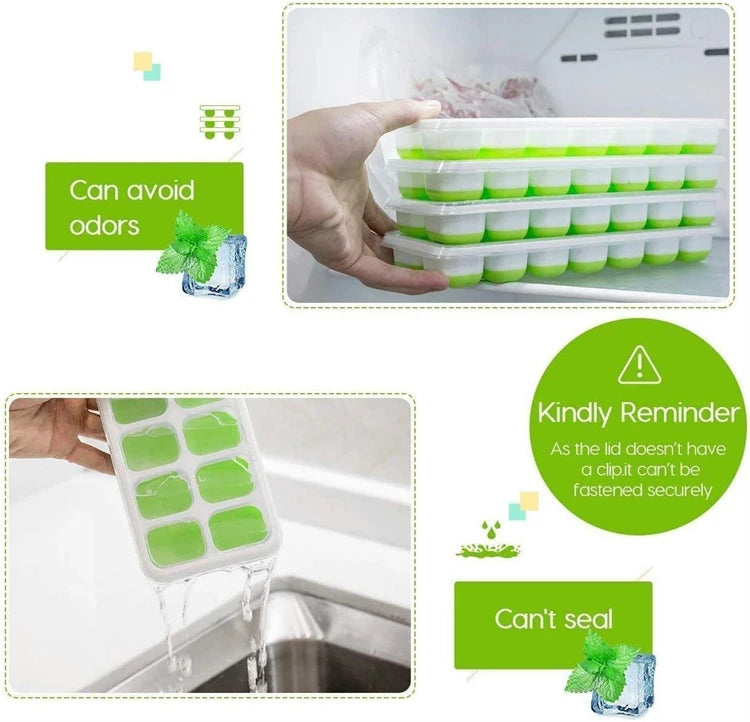 Easy-Release Ice Cube Tray with Lid – 14 Cube Stackable Ice Mould – Best for Chilling Water, Juice & Iced Coffee – Available in Pink, Green, Yellow & Blue Colours
